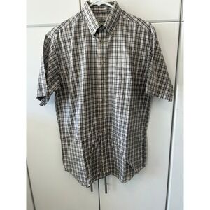 Weekends Only Mens Plaid Short Sleeve Button Down Shirt Grey Tan Medium